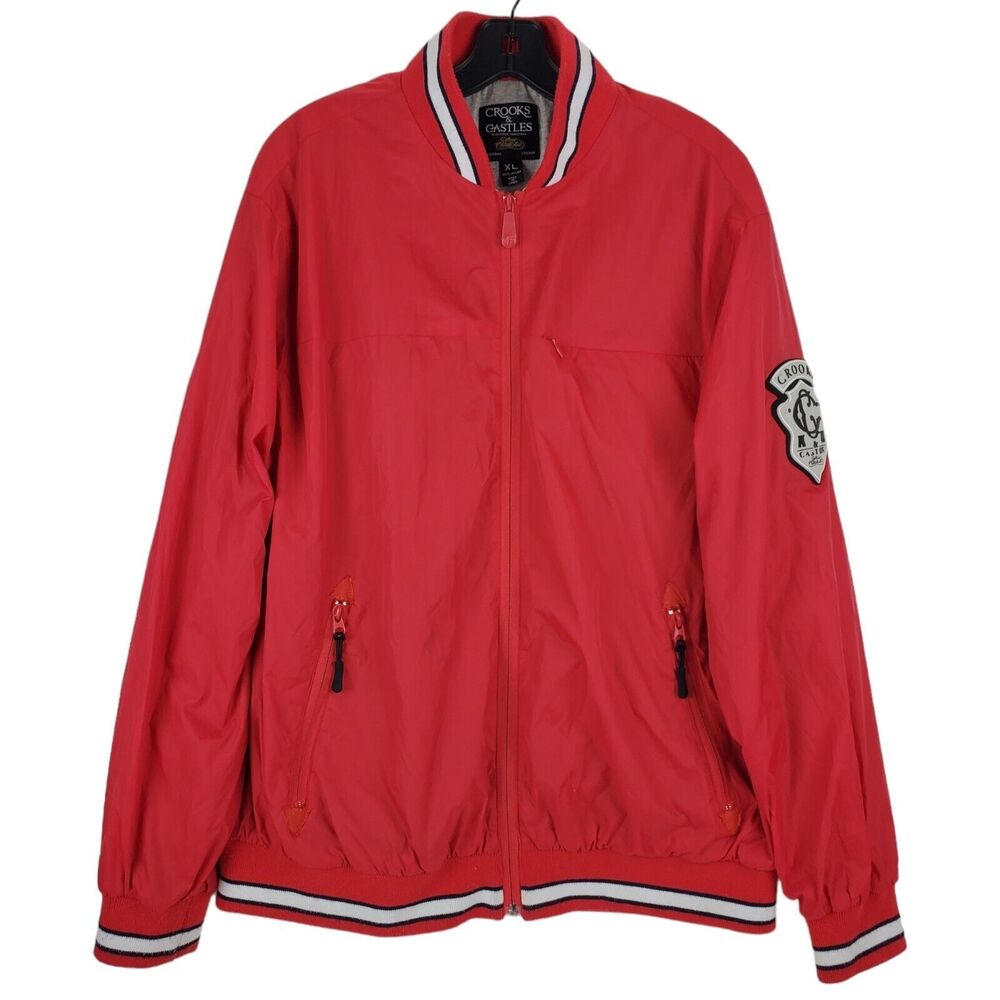 CROOKS & CASTLES Jacket Mens Large Red Windbreaker Full Zip Streetwear Hip Hop
